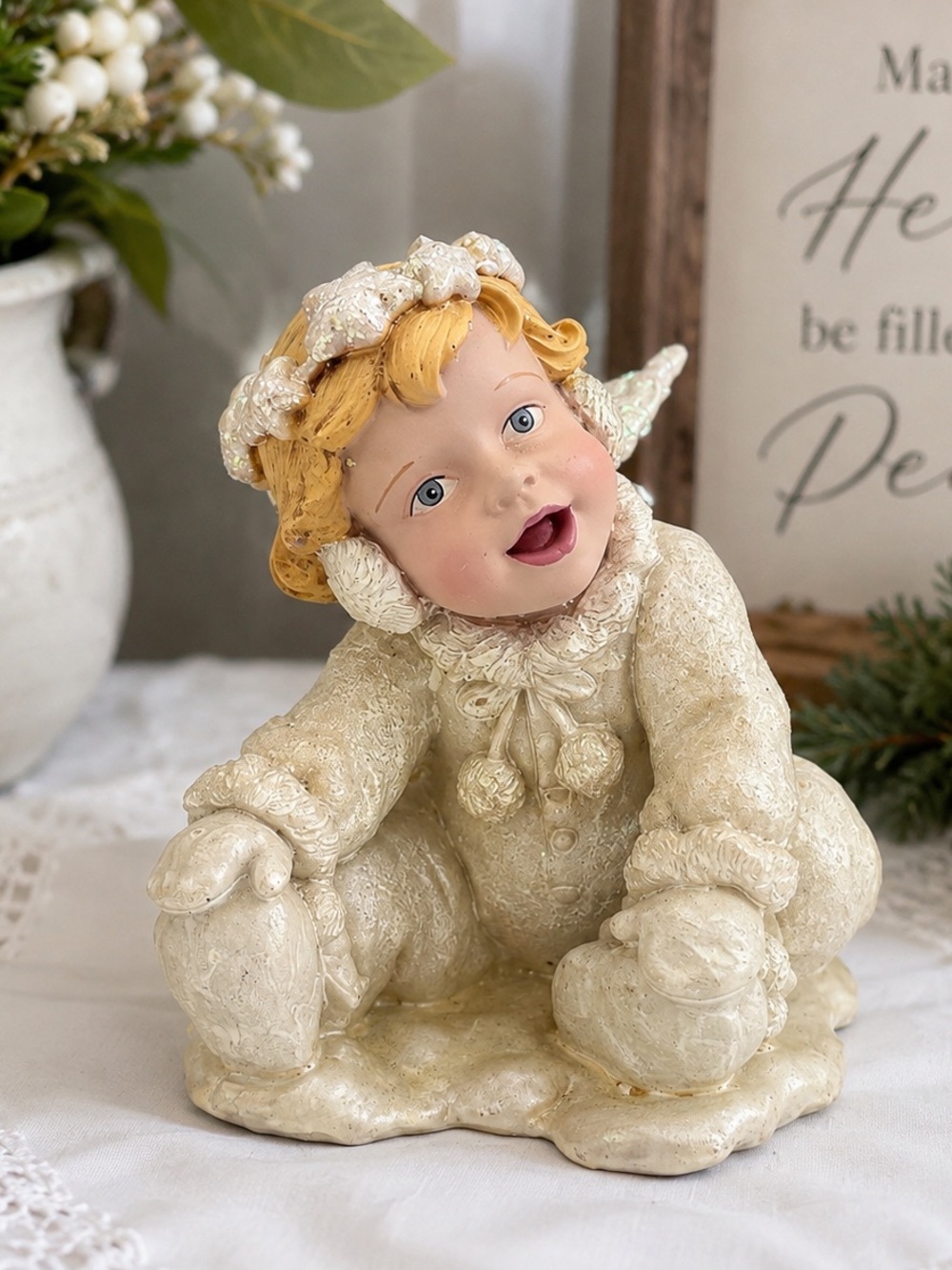 Cream Cherub Figurine with Blonde Hair - Decorative Home Accent